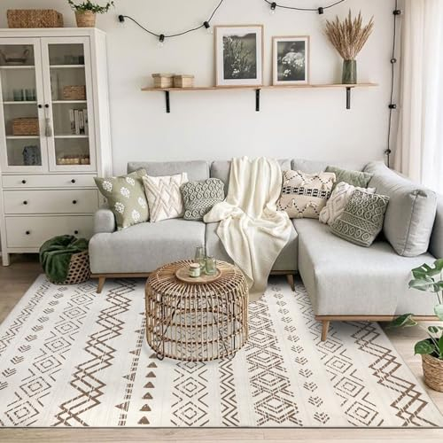 Homcomodar Teppich Wohnzimmer Beige 160x230cm Boho Teppich Kurzflor Waschbar Teppiche Wohnzimmer für Schlafzimmer Kinderzimmer