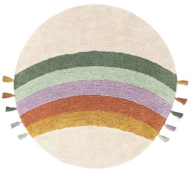 RugVista Rainbow Teppich, Kinderzimmerteppich, ∅ 150 cm, Rund, Kinderteppich für Kinder, Baumwolle, Spielteppich Babys Junge Mädchen, Keine schädlichen Stoffe, Naturweiß/Mehrfarbig