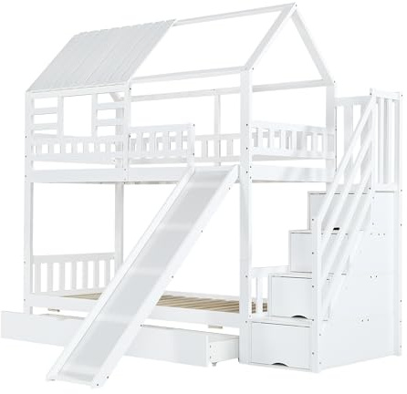 Idemon Etagenbett mit Treppe und Rutsche, Hausbett, Treppe mit Stauraum, Rahmen aus Kiefernholz und MDF, Kinderbett mit Fenster und Dach, mit Fallschutzgitter und Schublade, Weiß, 90x200cm