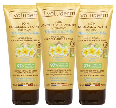 EVOLUDERM - Soin Longueurs & Pointes Hydratant Monoï à la Folie - 100 ml - 97% d'Origine Naturelle - Végan - Fabrication Française - Lot de 3 x 100 ml