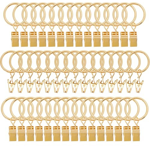 Lot de 44 anneaux de rideaux en métal avec clips, rideaux décoratifs antirouille vintage de 2,5 cm de diamètre intérieur, pinces à rideaux avec anneaux, doré