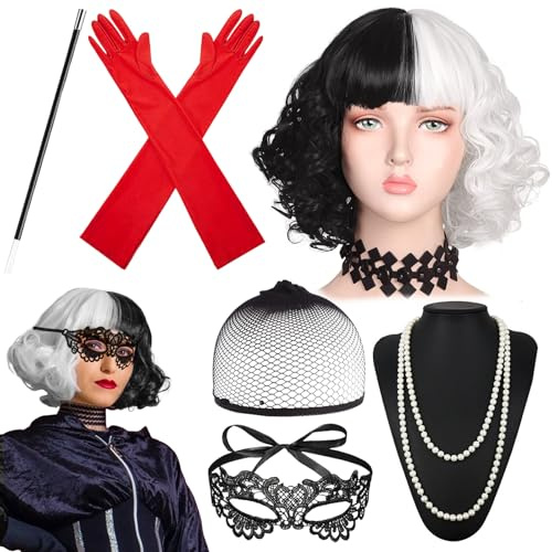Cruella Kostüm Damen, Halloween Kostüm Damen, 70er Jahre Accessoires Perücke Damen Schwarz Weiß Perücke Perlenschmuck Schwarze Spitze Maske Handschuhe Halloween Fasching Karneval Cosplay Kostüm Party