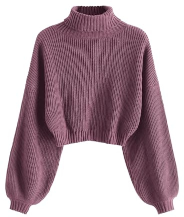 ZAFUL Strick Pullover Damen Rollkragen Cropped Elegant Langarm Laternen ärmel Drop Shoulder Kurzer Pulli Turtleneck Sweater for Herbst Winter (1-Lila,S)