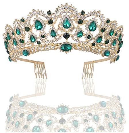 Krone Rose Gold Rosa Vintage Barock Königin King Haarschmuck Perle Kristall Tiara und Krone mit Kamm Stirnband Braut Strass DIADEM Krone Damen(Gold Green With Comb)