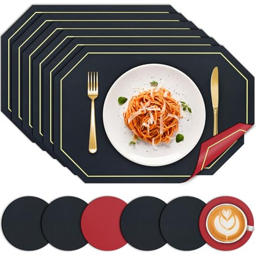 BOCHION Placemats and Coaster Sets 6, Dual Sided PU Leather Place Mats Heat Resistant Washable and Non Slip, Stain Resistant Wipe Clean Table Mat for Kitchen Indoor Outdoor Party (Black Red)