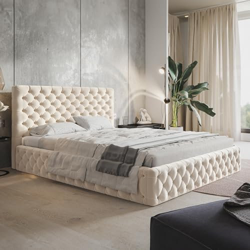 MOTIVENA Dalia Chesterfield Polsterbett 180x200 mit Bettkasten, Chesterfield Bett 180x200 mit Matratze und Lattenrost, Bett Kopfteil Samt, Matratze H3, Bett Samt, Polsterbett 180x200 Beige Creme