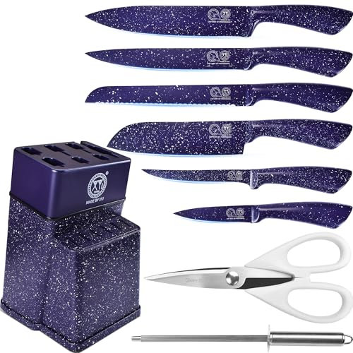 XYJ Professional Kitchen Knife Set With Block, Stainless Steel Block Knife Set, Meat Cleaver Vegetable Fruit Paring Slicing Cooking Chef Knives Kitchen Accessories Tools