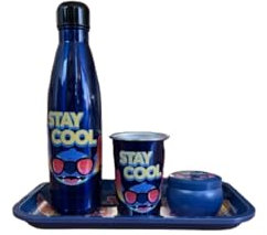 Homadict - Caja de regalo Stitch Stay Cool - Botella isotérmica + bandeja de metal + pequeña caja de metal + vaso de metal - Licencia oficial Disney