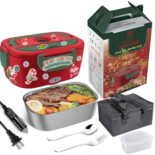 JIAKANUO Electric Lunch Box Food Warmer Portable Lunch Microwave Bento Box with SS Container 1.5 L Leak Proof, 230V/12V/24V Car/Office/Trunk 3 in 1 with Fork&Spoon＆Insulated Lunch Bag (Christmas Red)