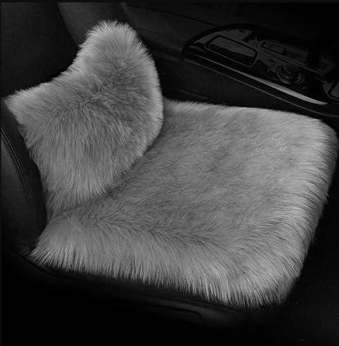 Lammfell Sitzkissen Lendenkissen,Autositzbezug Lendenkissen, Auto Kunstfell Sitzauflage, Langes Winter Warme Sitzkissenbezug, Universell für Autositz, Bürostuhl und meisten Stühle (Hellgrau)