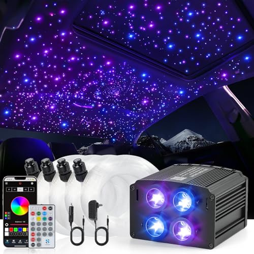 4 Colors 32W Twinkle Starlight Headliner Kit for Car Home with APP&RF Remote,RGBW 650pcs*0.03in*13.1ft Cables Fiber Optic Star Sky Roof Lights,4 Port Engine Sound Activated Ceiling Star Lights for Car