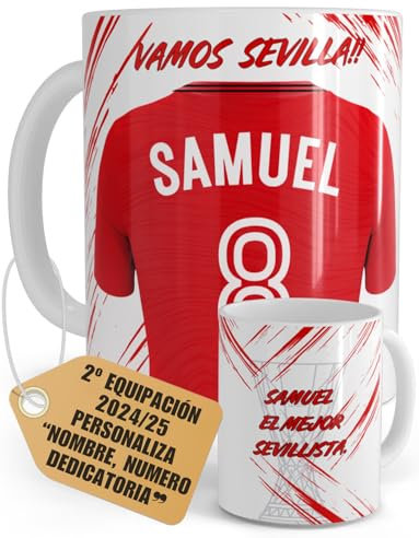 Tazas Personalizadas Fútbol Sevilla Nombre Número Y Dedicatoria Equipaciones 24/25 Cerámica, Regalo Original Para Aficionados De Equipos Sevillista Apta Microondas Lavavajillas Té Café (SEVILLA 2)