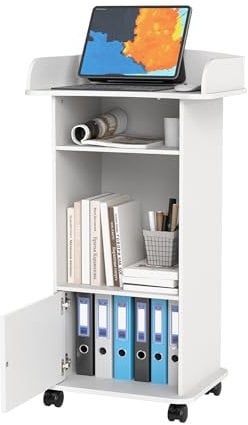 Turosur Portable Lectern&Podium -Standing Laptop Desk-Wooden Podium Stand with Cabinet -Speaking Reading Table with Castors-Portable Desk with Storage Shelf-Reception Desk for Conferance-White