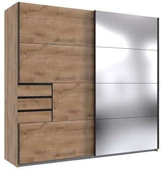 Schwebetürenschrank >Saigon< in Weiß mit Spiegeltür & schwarzen Griffen, 270 cm Breit, 208 cm Hoch, 64 cm Tief ? Moderner Kleiderschrank mit 3 Türen, 6 Schubladen, 6 Einlegeböden, Made in Germany