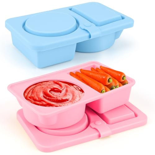 Musiwanna 2Pcs 2 Compartments Snack Pots with Lids, Small Double Compartment Silicone Snack Conatainer (70+90ml), Double Condiment Box with Lids, Reusable SnackandDip Container