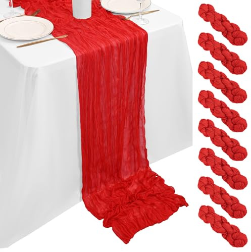 8 Stück Käsetuch Tischläufer Rot 90x300cm, Käsetuch Rustikaler Rot Rustikaler Gaze Stoff Transparent Boho Hochzeit Tischdekoration für Hochzeitsempfang Brautdusche Babyparty