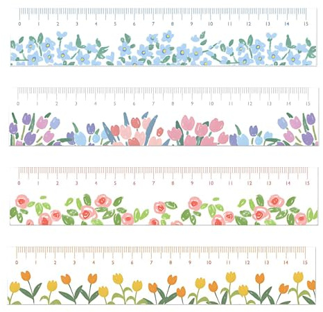 SIXHAOBU 4 Stück Niedliches Acryl-Lineal 15 cm Schöne Blume Gerade Lineal Klein Kunststoff Zentimeter Messlineal für Schule, Zuhause & Büro Niedliches Lineal