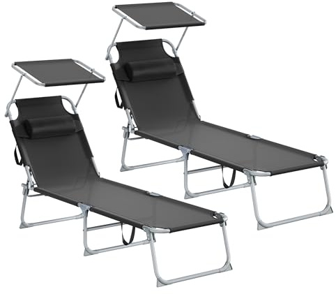 SONGMICS Sonnenliege klappbar, 2er Set, mit Kopfstütze, 189 x 53 x 28,5 cm, Gartenliege, belastbar bis 110 kg, verstellbare Sonnenblende und Rückenlehne, für Terrasse, Balkon, schwarz GCB292BZ02