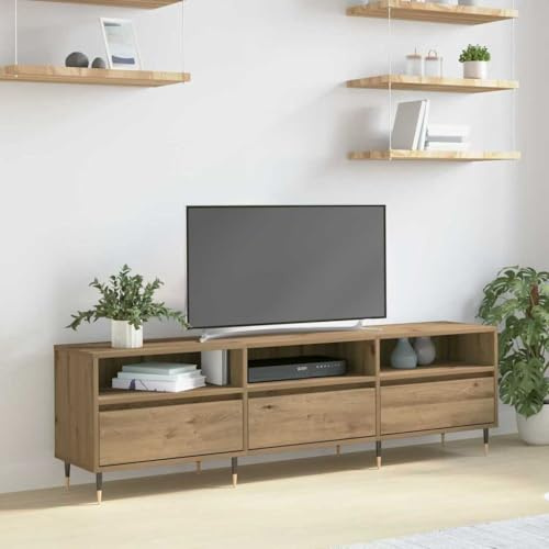 HETFTJN TV Lowboard Eiche handwerklich 150x30x44,5 cm Holzwerkstoff mit 3 Türen, rustikales TV Board mit viel Stauraum, robuster Fernsehtisch für Wohnzimmer, Gaming-Ecke und Schlafzimmer