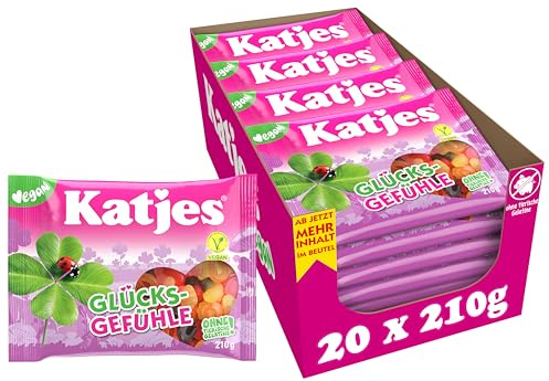Katjes Glücksgefühle Vorratspack – Vegan, 20 x 210g | Mischung aus Fruchtgummi & Lakritz in vielen Farben und Glücksformen – ohne tierische Gelatine