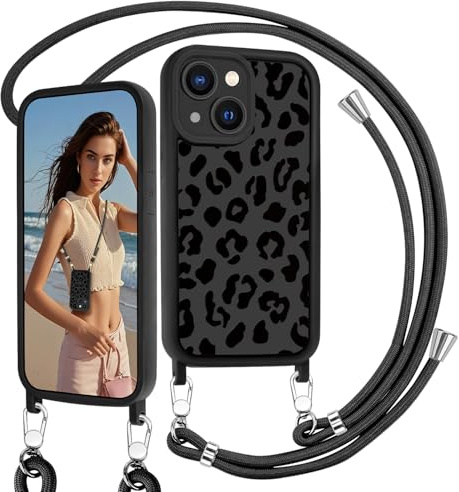 AICISINGN Handyhülle für iPhone 13 Hülle mit Band,Leopard Muster Schutzhülle mit Handyband Hülle Abnehmbar Kordel Handykette zum Umhängen Stoßfeste Kameraschutz Case für iPhone 13 Schwarz,05