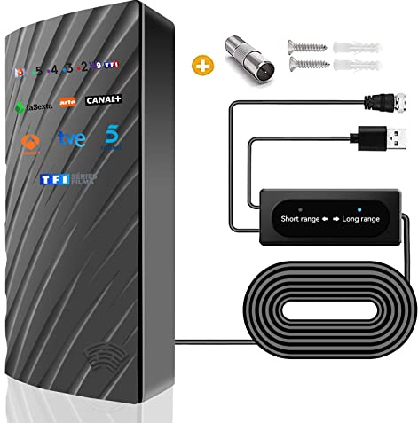 39DBI Antena de TV Exterior Interior 480km Impermeable, Cable Coaxial 10M | Amplificador Inteligente de Señal, Modo de Doble Señal, Canales de 1080P 4K DVB-T DVB-T2