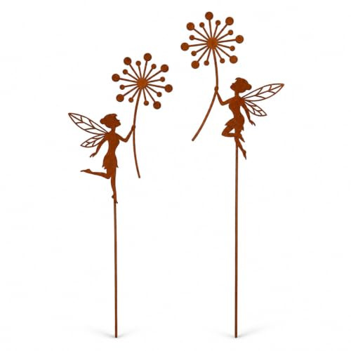 Velvahue 2er Set Gartenstecker Rost Elfen Deko Wetterfest, 12x30x0,1cm | Gartendeko Rost für Draußen, Elfen Figuren Garten, Metall Deko für Garten, Balkon, Blumenbeet, Geschenk für Gartenliebhaber
