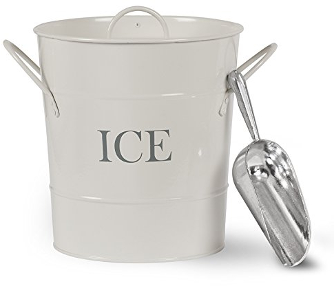 CKB LTD Ice Bucket Eiswürfelbehälter Eiseimer Eisbehälter mit Deckel Eisschaufel Schaufel Innen oder im Freien unterhaltsam Retro Vintage Themed Farbige Kreide weiß pulverbeschichtet Stahl
