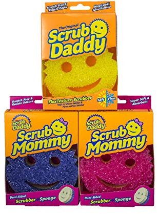 Scrub Daddy + Scrub Mommy 3 Pack - Smiley Face Sponges for Cleaning & Washing Up - Multipack Kitchen Non Scratch Scourers with FlexTexture Firm & Soft Scrubbing, Dishwashing Scrubber