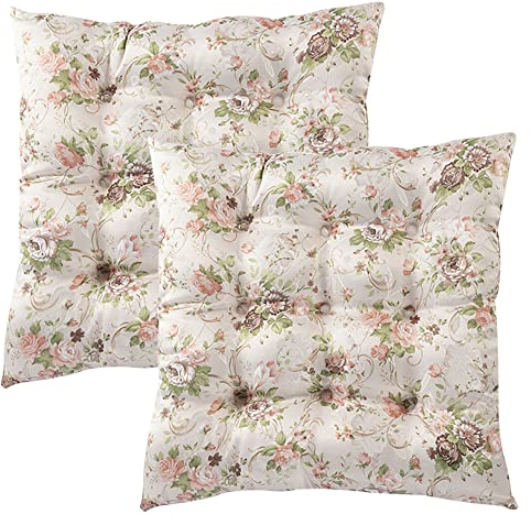wometo 2er Set Sitzkissen Stuhlkissen 40x40 Oeko-TEX - Landhaus Rosen-Motiv rosa pink weiß mit Bändern/Schleifen für Indoor und Outdoor