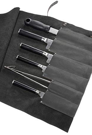 Rolltasche Kochmesser, Messerrolle, Messertasche, aus gewachstem Öko Rindleder, hergestellt in Deutschland, 6 Köcher, grau, von Wunschleder-Home