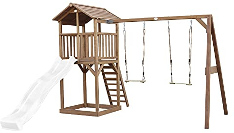AXI Beach Tower Aire de Jeux avec Toboggan en Blanc, 2 Balançoires & Bac à Sable | Grande Maison Enfant extérieur en Marron | Cabane de Jeu en Bois FSC