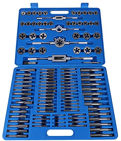 Set Maschi e Filiere, M2-M18 Set per Filettare da 110 Pezzi, Set di Utensili per Trapano con Filettatura Grossa per Filettatura Fine, con Matrice e Cassetta degli Attrezzi