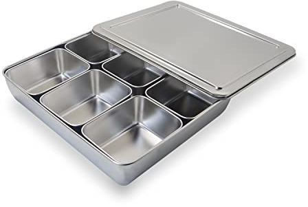 Stainless Steel Seasoning Box with Lid and Holder Tray, 6 Compartments Rectangle Masala Dabba Spice Container, Indian Masala Box Organizer Set for Kitchen Condiment Storage (6 Compartments)