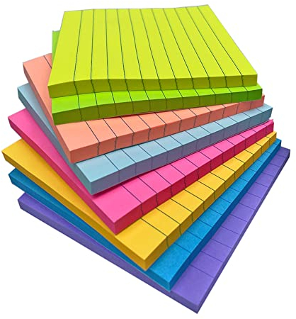 10,2 x 10,2 cm linierte Haftnotizen für Post, 8 helle Farben, selbstklebende Notizen, 50 Blatt pro Block, 8 Blöcke, insgesamt 400 Blatt