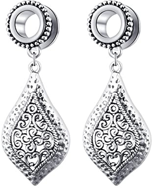Lieson Piercing Ohr Plug Tunnel, 2 Stück Tunnel Edelstahl Set Vintage Blume Tropfen Mit Anhänger Tunnel Piercing Schmuck