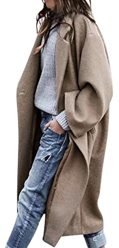CHARTOU Women's Oversized Notched Collar Wool Blend Single Breast Midi Long Trench Coat (Large, Khaki)
