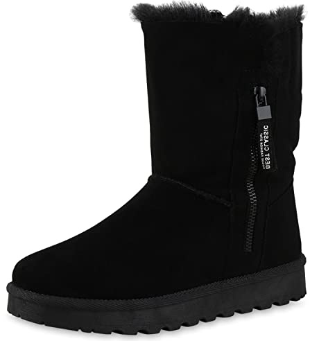 VAN HILL Damen Warm Gefütterte Winter Boots Stiefeletten Flache Zipper Schuhe Bequeme Profilsohle Booties Kunstfell Winterschuhe 209054 Schwarz 40