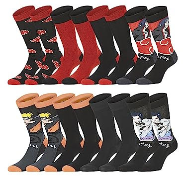 FREEGUN Chaussette Homme Naruto Shippuden, Chaussettes Homme Sasuke, Itachi et Naruto (Lot de 8), Noir, Rouge, Orange, Gris, Taille 39/42