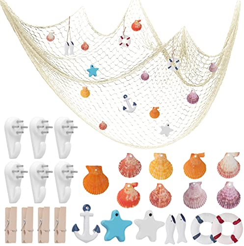 25 Pcs Fischernetz Deko Groß Set, 1.5 * 2M Mit Muscheln Haken Clip, Maritime Dekoration für Wand, Hochzeit, Party, Wohnzimmer, Fotografie Aufhängen