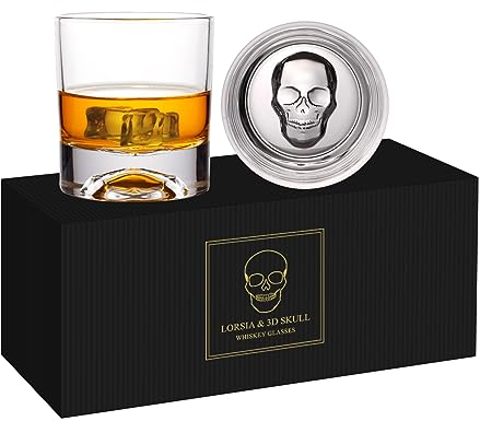 Totenkopf Whiskeyglas, 2er Set in Geschenkbox - 300 ml Kristall Whiskygläser für Scotch, Cocktails, Rum, Cognac, Wodka, Likör, Halloween, Weihnachten, Erntedankfest Geschenke für Männer