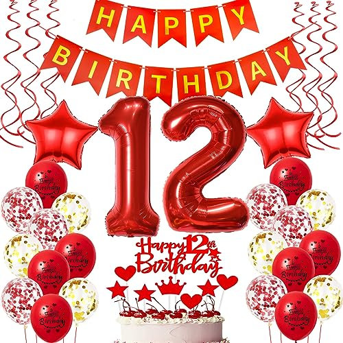 Deko 12. Geburtstag Mädchen - Luftballons, Folienballon, Tortendeko in Rot für 12 Jahre