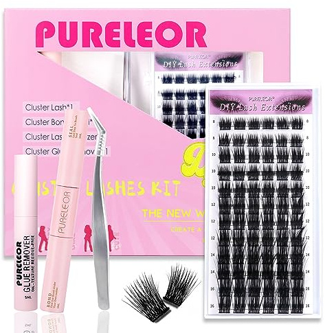PURELEOR Individual Cluster Lashes DIY Lash Extensions Kit with Bond Seal Tweezers Remover Set