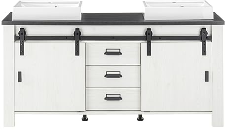 Doppelwaschtisch weiß Pinie und schwarz/anthrazit Landhaus Waschtisch Set Unterschrank inklusive 2 x Waschbecken Badezimmerschrank Badmöbel Industrial Design 164 cm Stove