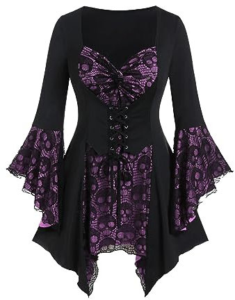 AMhomely Halloween Vintage Witch Gothic Fancy Dress - Puff Sleeve Tunic with Frill - Elegant Medieval Costume Color Patchwork Blouse Top Ladies Goth Corset Purple L