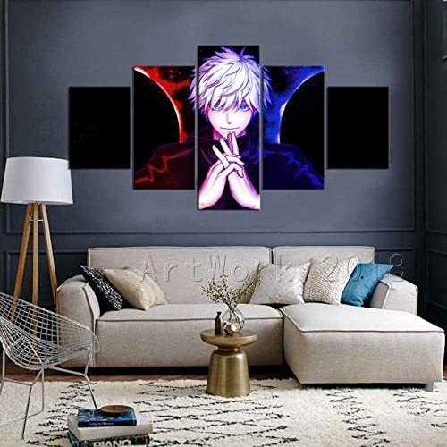 MUICIN Leinwand, 5 Leinwand, 5 Wandmalereien, Wohnzimmer Dekor, modulare Wandmalerei, Panel Malerei, Jiu-Jitsu Naval Battle, Gojo Satoru, gerahmt,XL