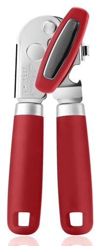 Dosenöffner Manuell, UHIYEE Prämie Dosenöffner Ohne Scharfe Kanten, Manuell Büchsenöffner aus Edelstahl mit Multifunktionaler Flaschenöffner, Rot