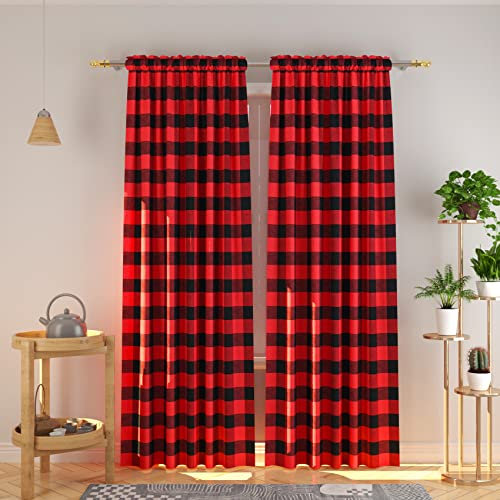 Lot de 2 rideaux de fenêtre à carreaux de 274,3 cm de long avec passe-tringle pour fenêtre de salon, chambre à coucher, porte coulissante en verre, rouge et noir