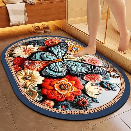 Kieselgur Badematten 60x90 cm Rutschfeste Absorbierende Badteppich 3D Stickstil Pflanze Farbe Blumen Badezimmer Fußabtreter Bodenmatte Bad schnell Trocknend Duschmatte Badvorleger Duschvorleger