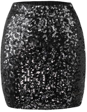 Kefiyis Falda con purpurina para mujer, falda de lentejuelas elástica, cintura elástica, con forro, carnaval, fiesta, rave, Negro , XL